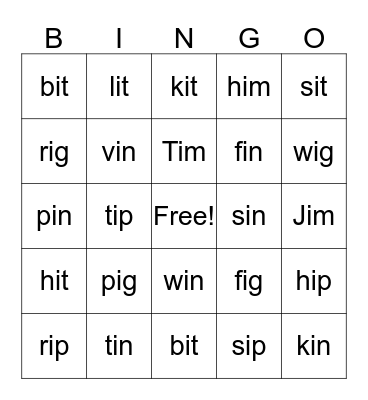 Short i words Bingo Card