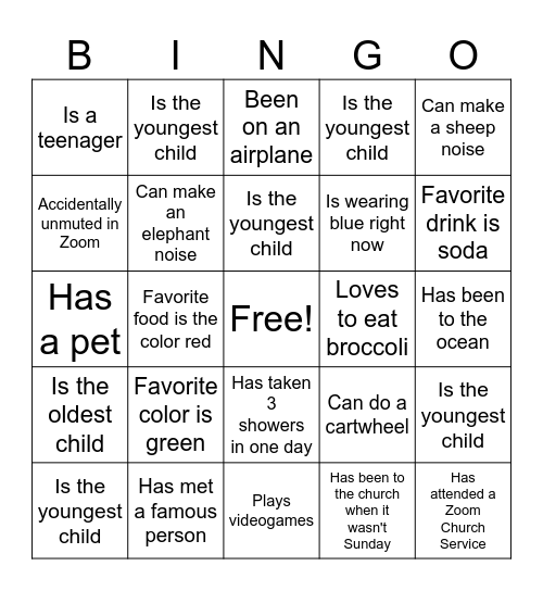 Youth Group Bingo! Bingo Card