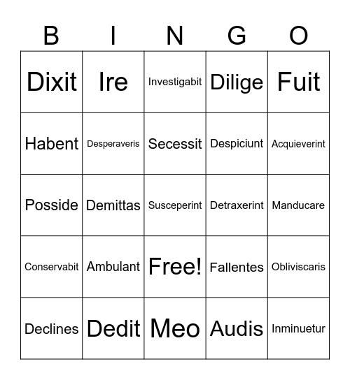 Verbs Bingo Card