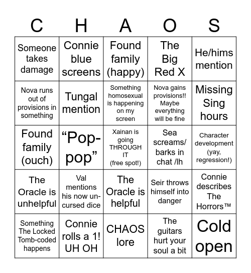 Transplanar CHAOS A4 E5-6 Bingo Card