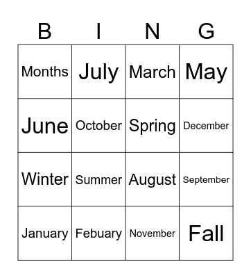 Months of the year Bingo Card