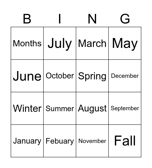 Months of the year Bingo Card