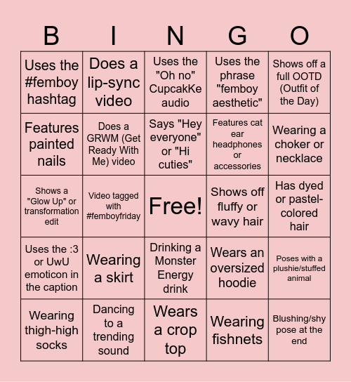Femboy Tiktok BINGO Card