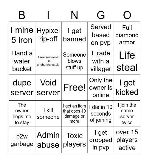 Minehut bingo Card