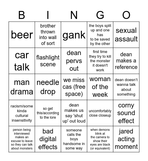 spn stinker tour bingo Card