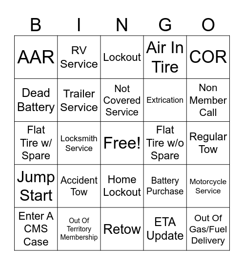Roadside Bingo Card