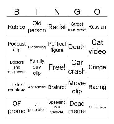 instagram reel Bingo Card