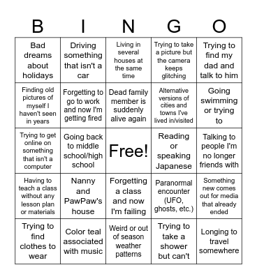 Dream Bingo Card