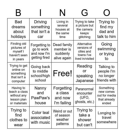 Dream Bingo Card