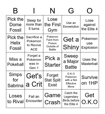 Miles' Pokemon Gen 1 playthrough Bingo Card