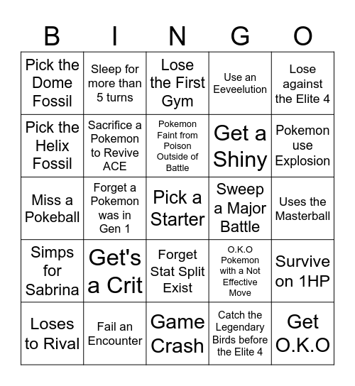 Miles' Pokemon Gen 1 playthrough Bingo Card