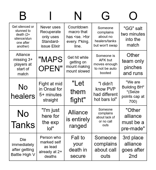 FFXIV PVP Frontlines Bingo Card