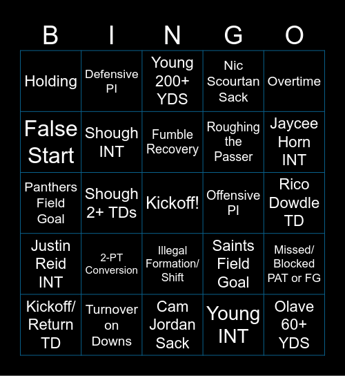 Saints at Panthers 2025 Bingo Card
