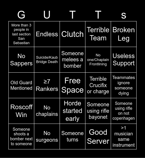Guts and Blackpowder Bingo Card