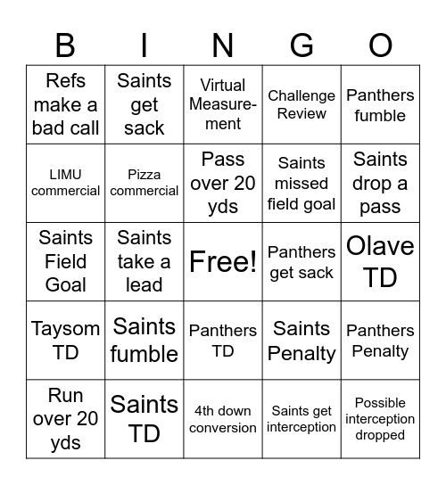 Saints Bingo Card