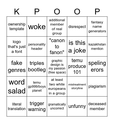 KPOP FANON WIKI FREAKDOWN Bingo Card
