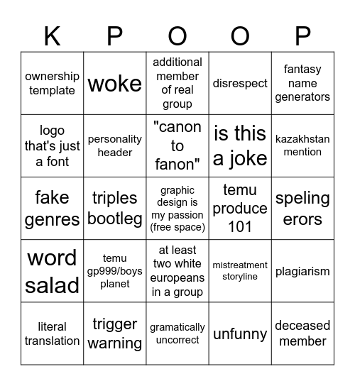 KPOP FANON WIKI FREAKDOWN Bingo Card