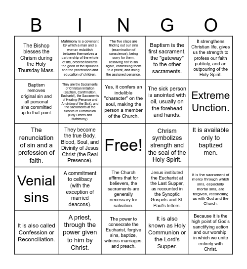Sacramental Bingo Card