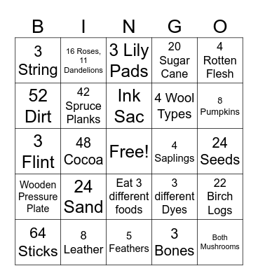Minecraft 1.6.4 Bingo (No Tools) Bingo Card