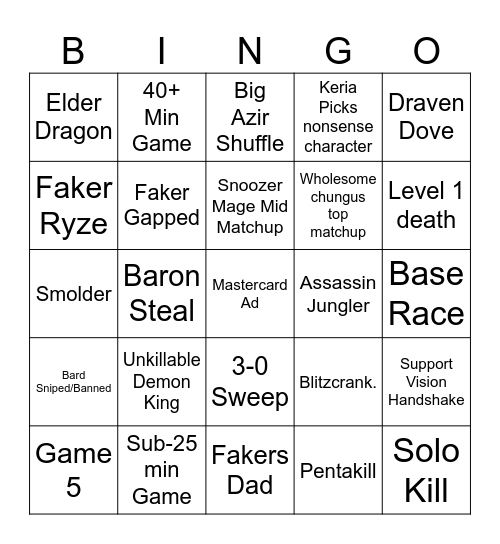 LOL Worlds 2025 Bingo Card