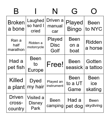Never Have I Ever... Bingo Card