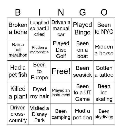 Never Have I Ever... Bingo Card