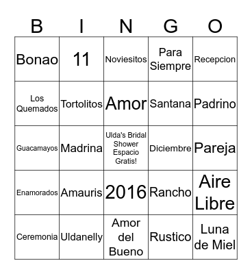 Ulda's Bridal Shower Bingo Card