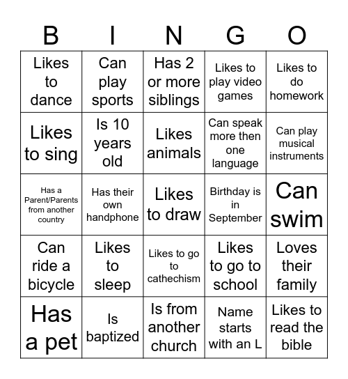 My Friend Bingo Card