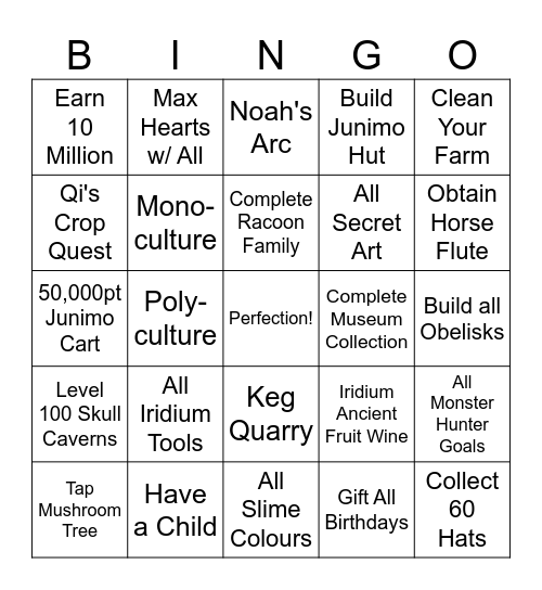 Stardew 200 Bingo Card
