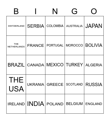countries Bingo Card