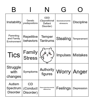 Emotional and Behavioral Problems Bingo Card