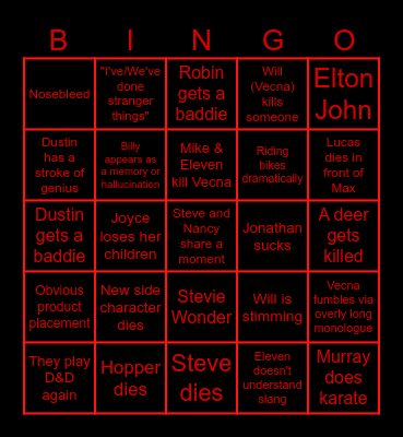 Stranger Things Bingo Card