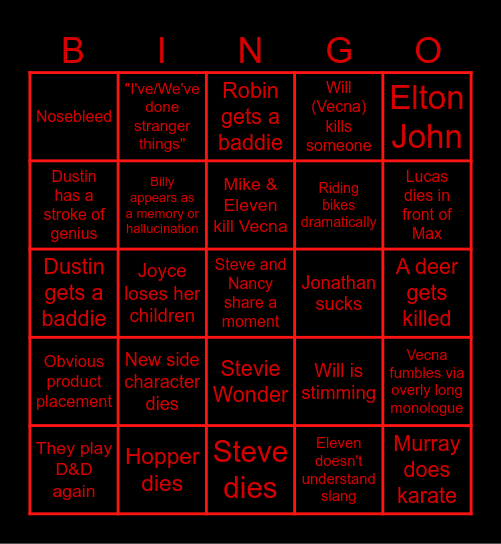 Stranger Things Bingo Card