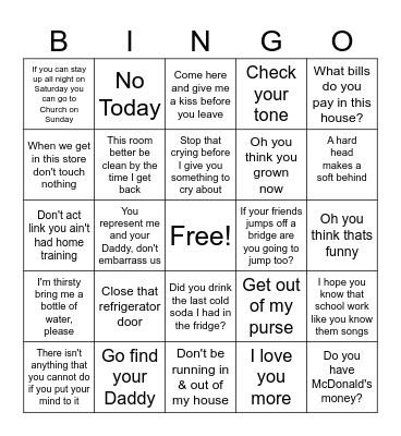 Black Mama Sayings Bingo Card