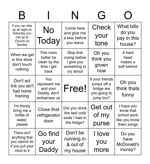 Black Mama Sayings Bingo Card