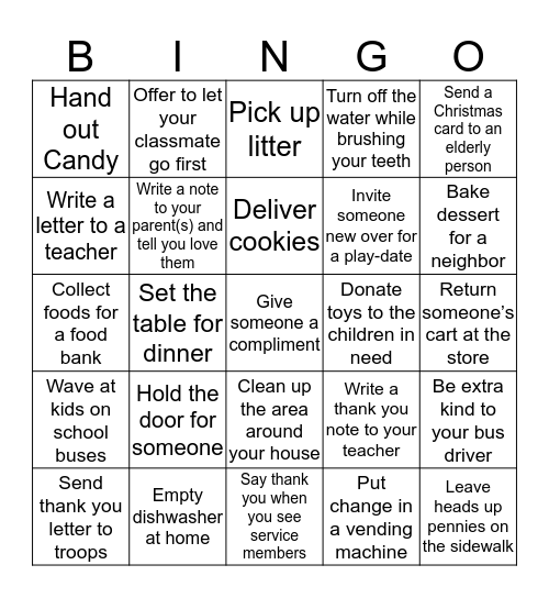 Kindness Bingo Card