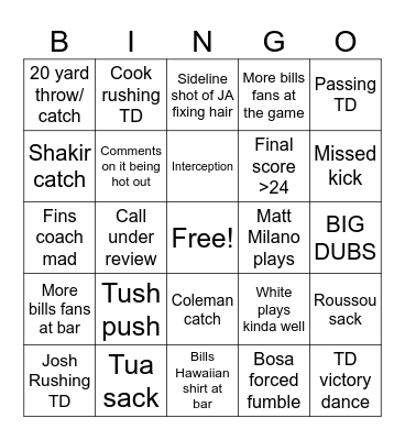 Bills mafia Sunday Bingo Card