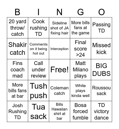 Bills mafia Sunday Bingo Card