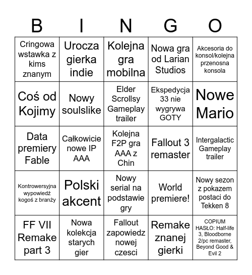 Game Awards 2025 BINGO Card