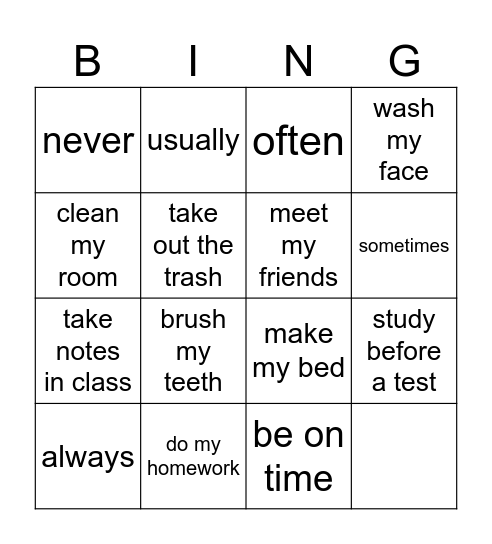 Adverbs and Routines Bingo Card