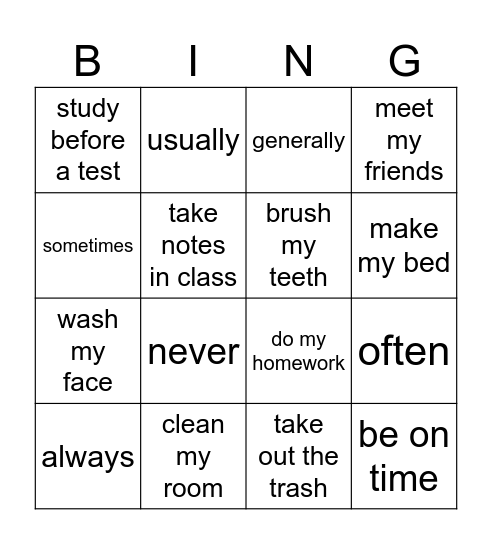 Adverbs and Routines Bingo Card