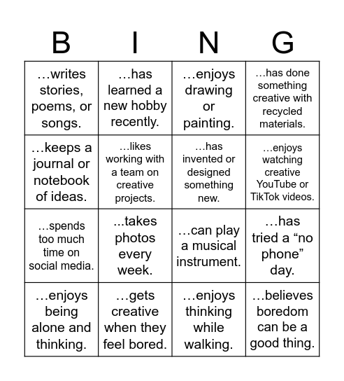 Creativity Bingo Card