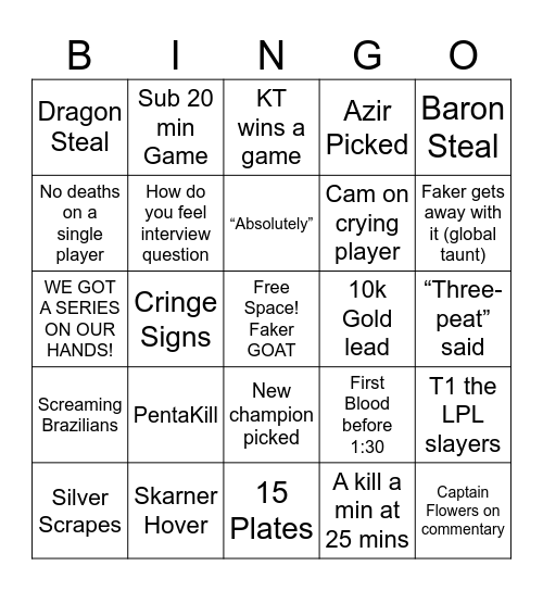 League of Legends Worlds Bingo Card