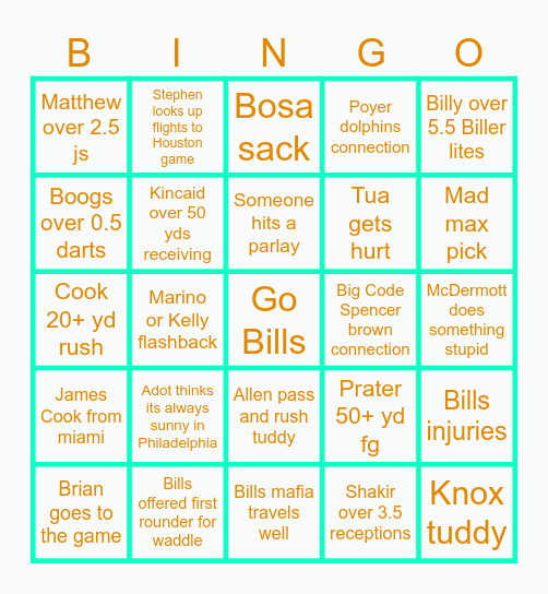 Bills vs Dolphins Bingo Card
