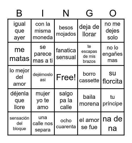 Musical Bingo Card