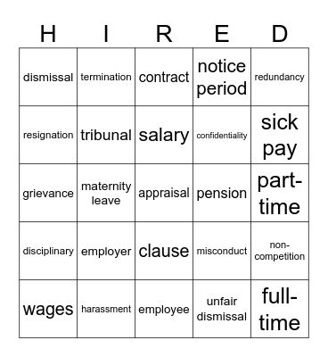Employment Law Bingo Card