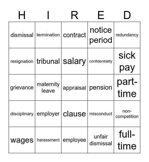 Employment Law Bingo Card