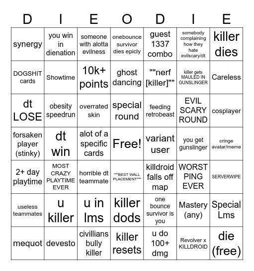 Die of Death! Bingo Card
