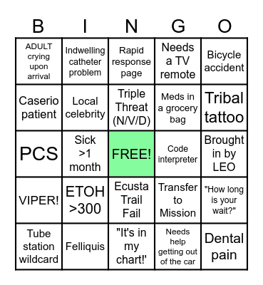 Sunday Funday ED Bingo Card