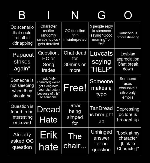 AF Character Chatter Bingo Card